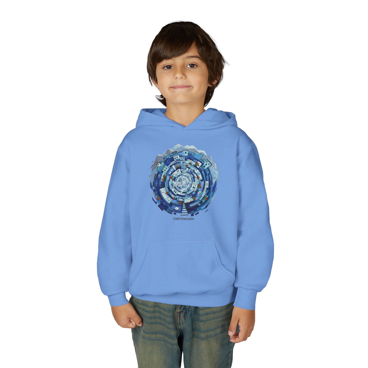 Youth Hoodie — Blue Geometric Mandala Graphic