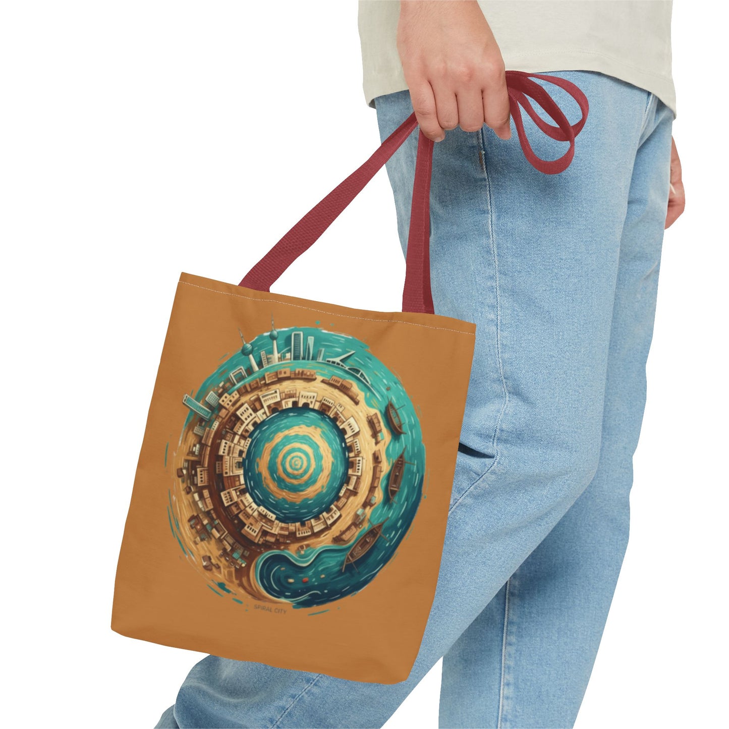 Round Cityscape Tote Bag — Abstract Turquoise & Gold Planet Design