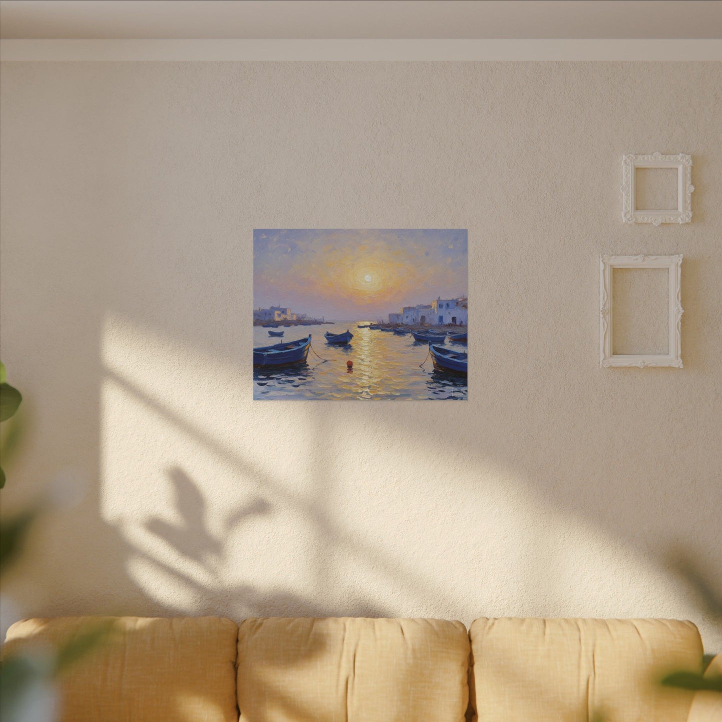 Seaside Sunset Canvas Print — Boats on Tranquil Harbor Wall Art