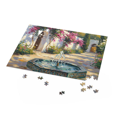 Mediterranean Courtyard Puzzle — Fountain & Bougainvillea 120/252/500-Piece Jigsaw