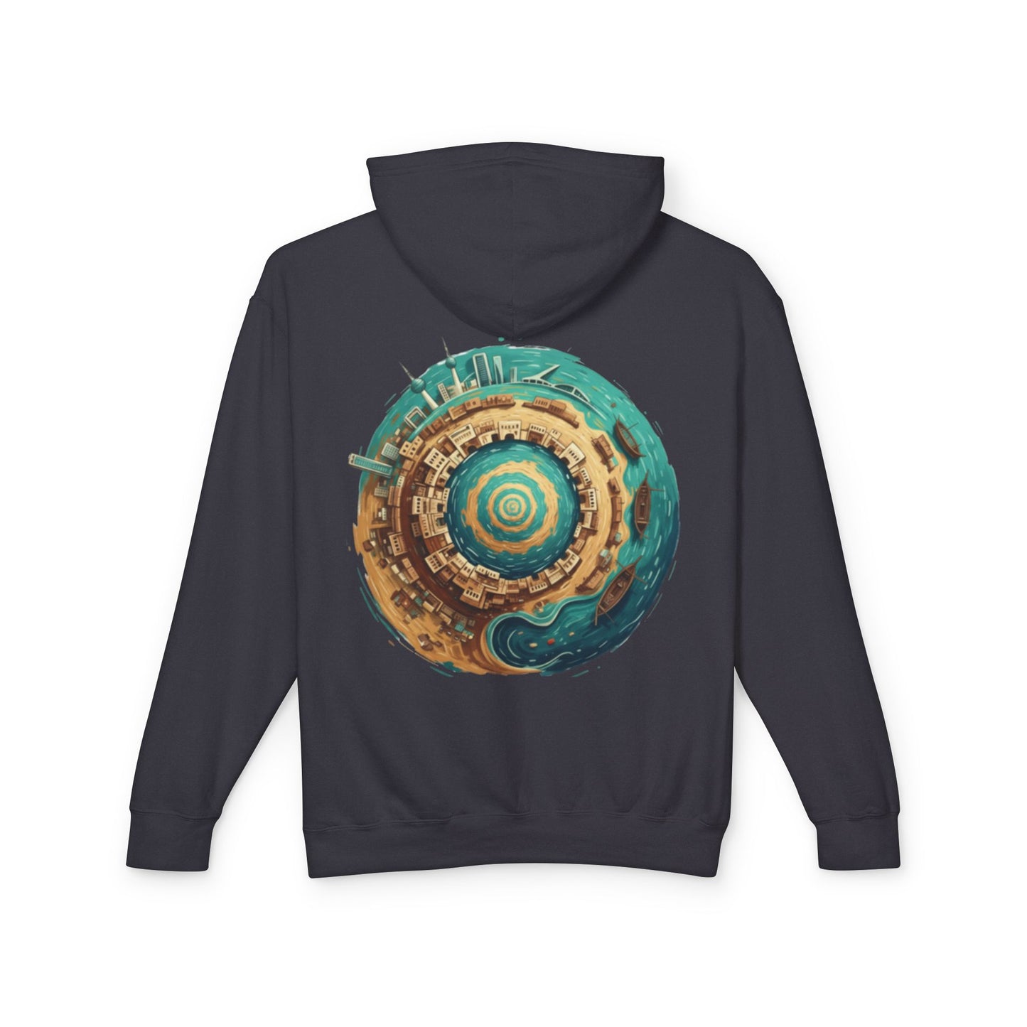 Planetary Beach Circle Hoodie — Coastal Mini-World Graphic Pullover