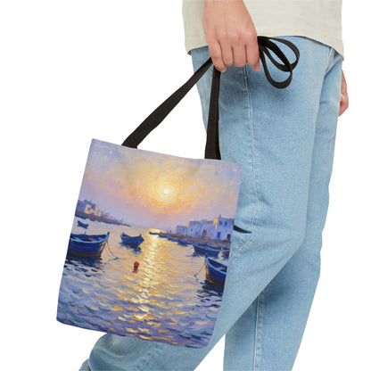 Sunset Harbor Tote Bag - Seaside Boats Art Print