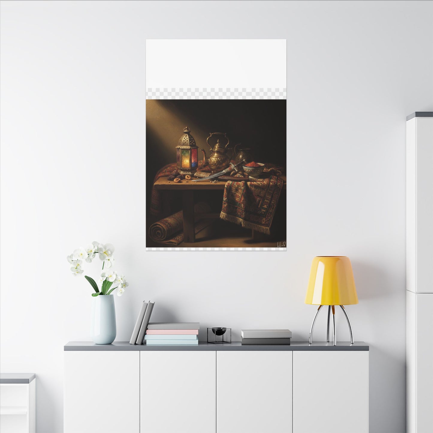 Oriental Still Life Canvas — Vintage Brass Teapot & Lantern Wall Art