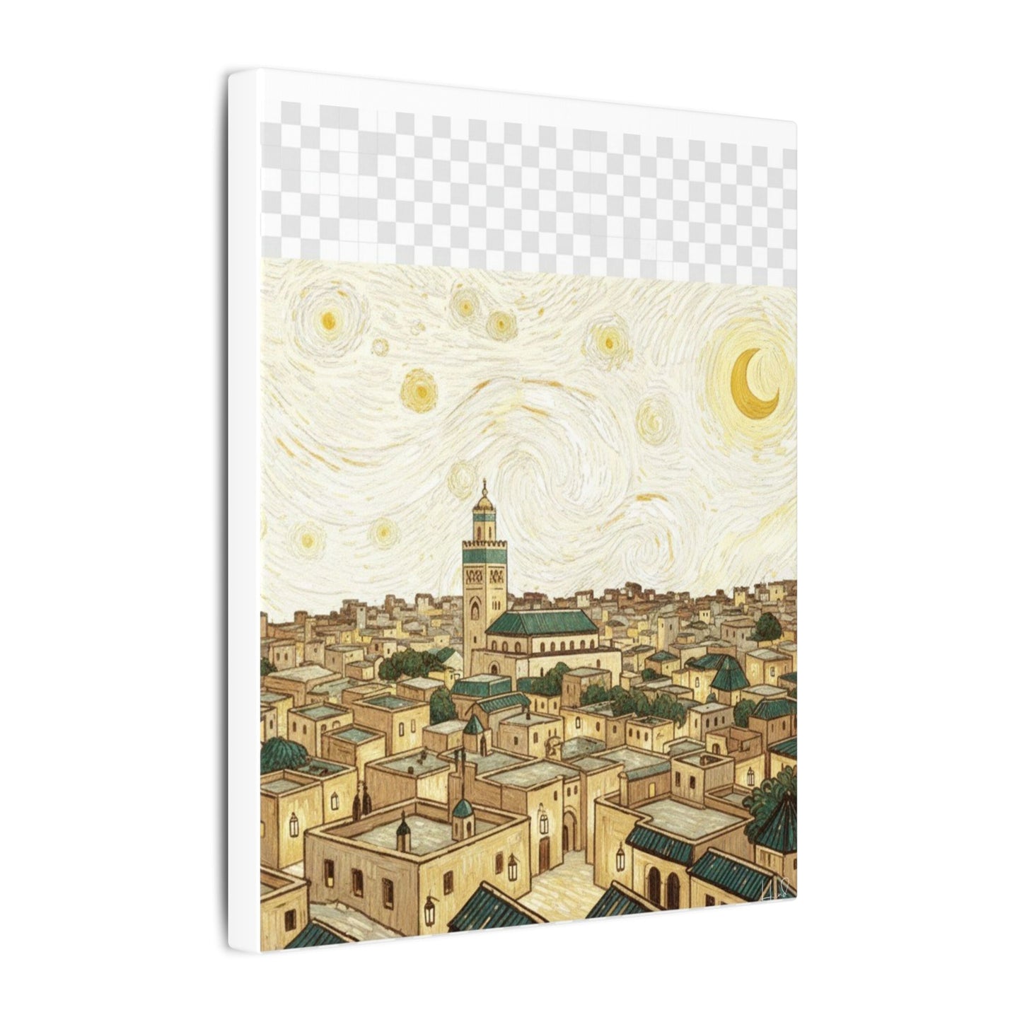 Moroccan Cityscape Canvas Print — Starry Night-Inspired Mosque Wall Art