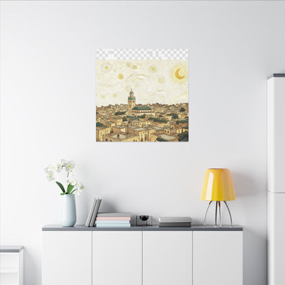 Moroccan Cityscape Canvas Print — Starry Night-Inspired Mosque Wall Art