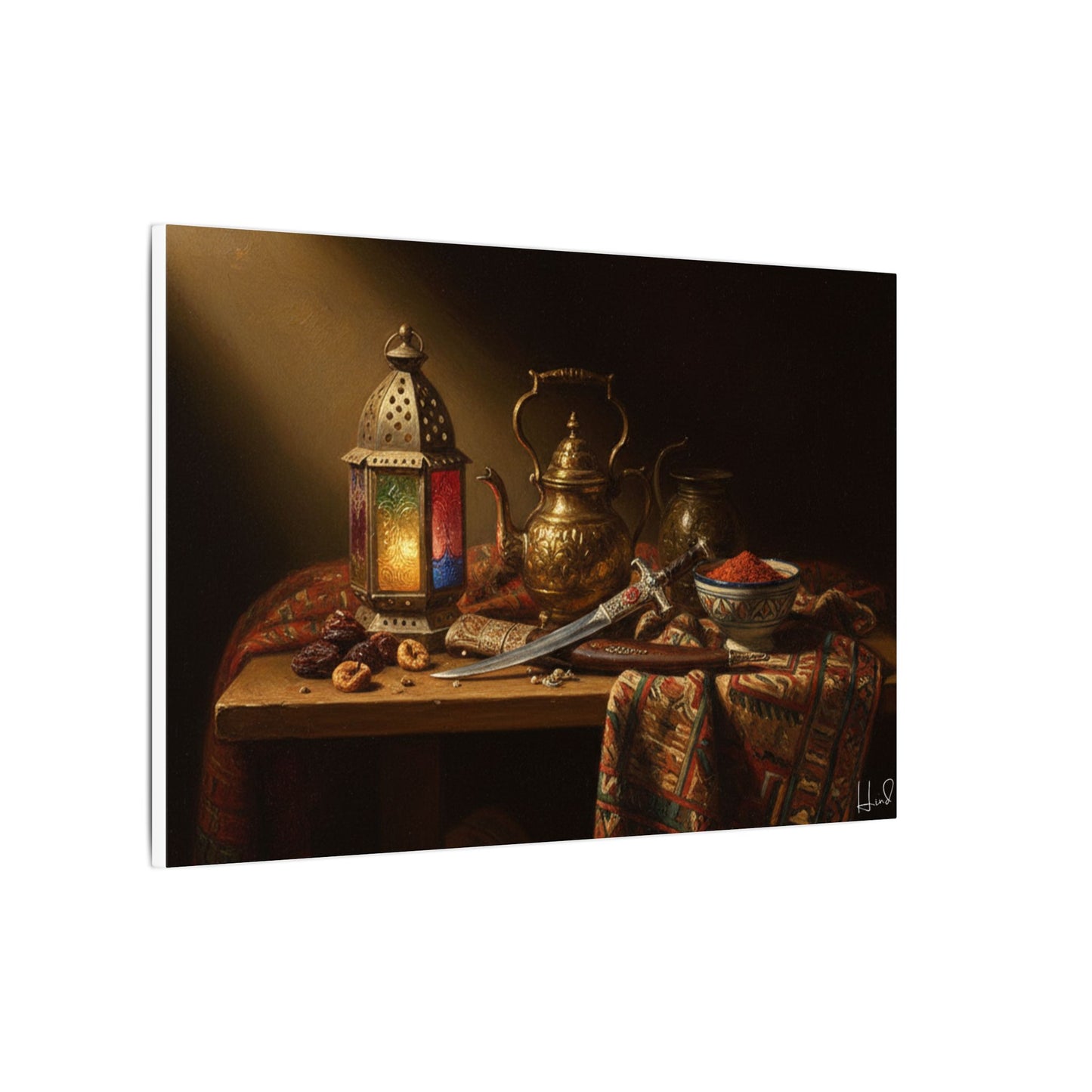 Oriental Still Life Canvas — Vintage Brass Teapot & Lantern Wall Art
