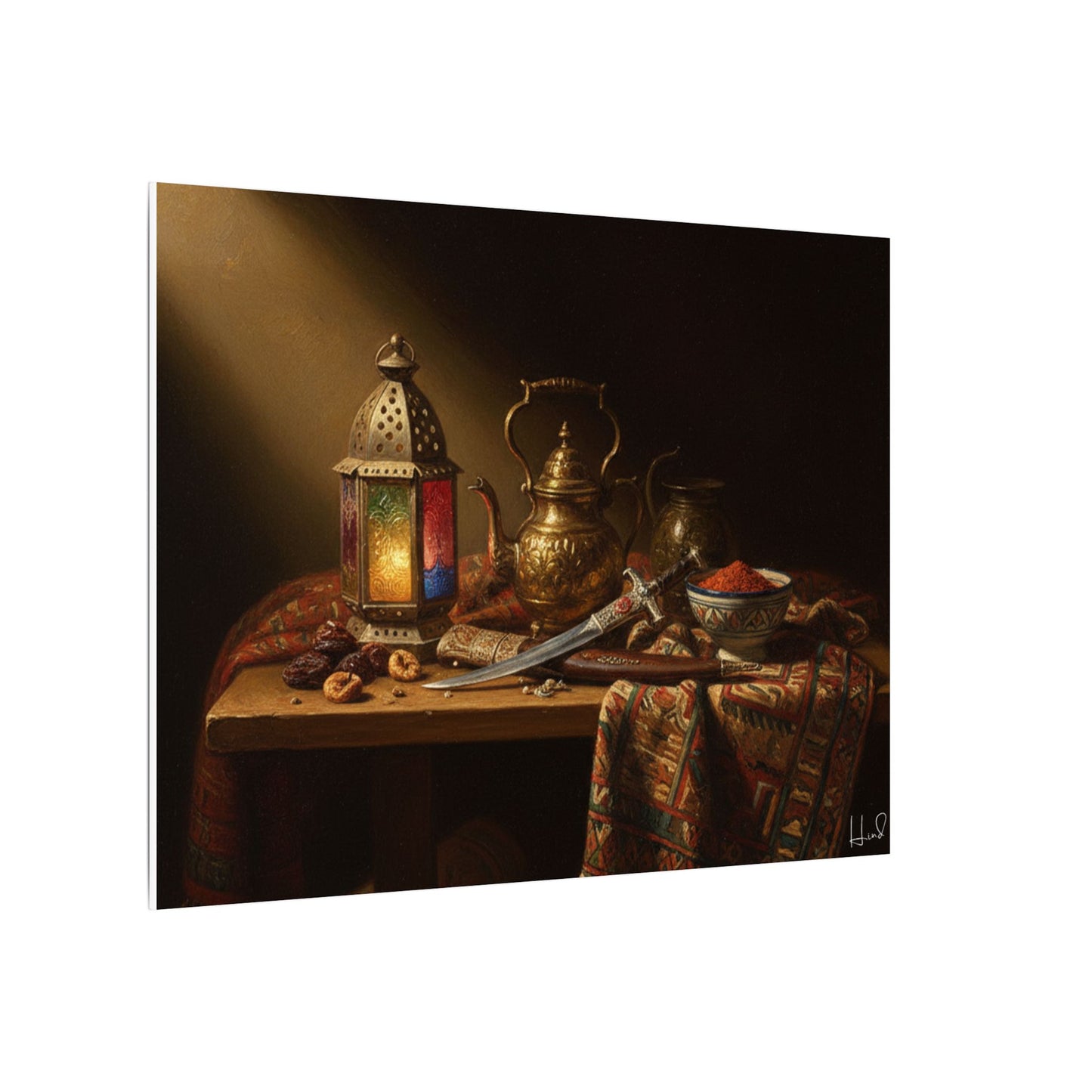 Oriental Still Life Canvas — Vintage Brass Teapot & Lantern Wall Art