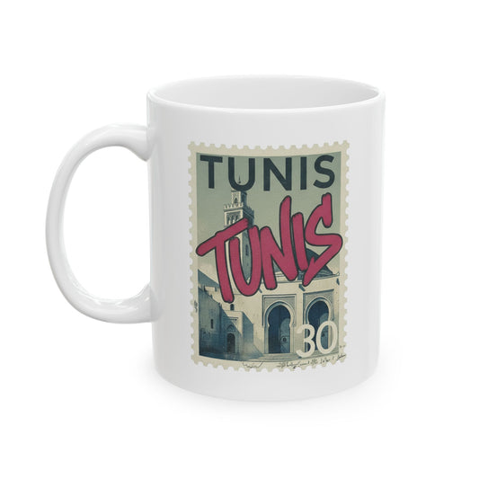 Tunis Vintage Stamp Ceramic Mug — Retro Travel Coffee Cup (11oz & 15oz)