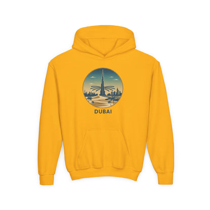 Dubai Skyline Youth Hoodie — Retro Desert Sunset Travel Sweatshirt