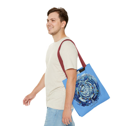 Blue Circular Cityscape Tote Bag — Abstract Urban Spiral All-Over Print Tote