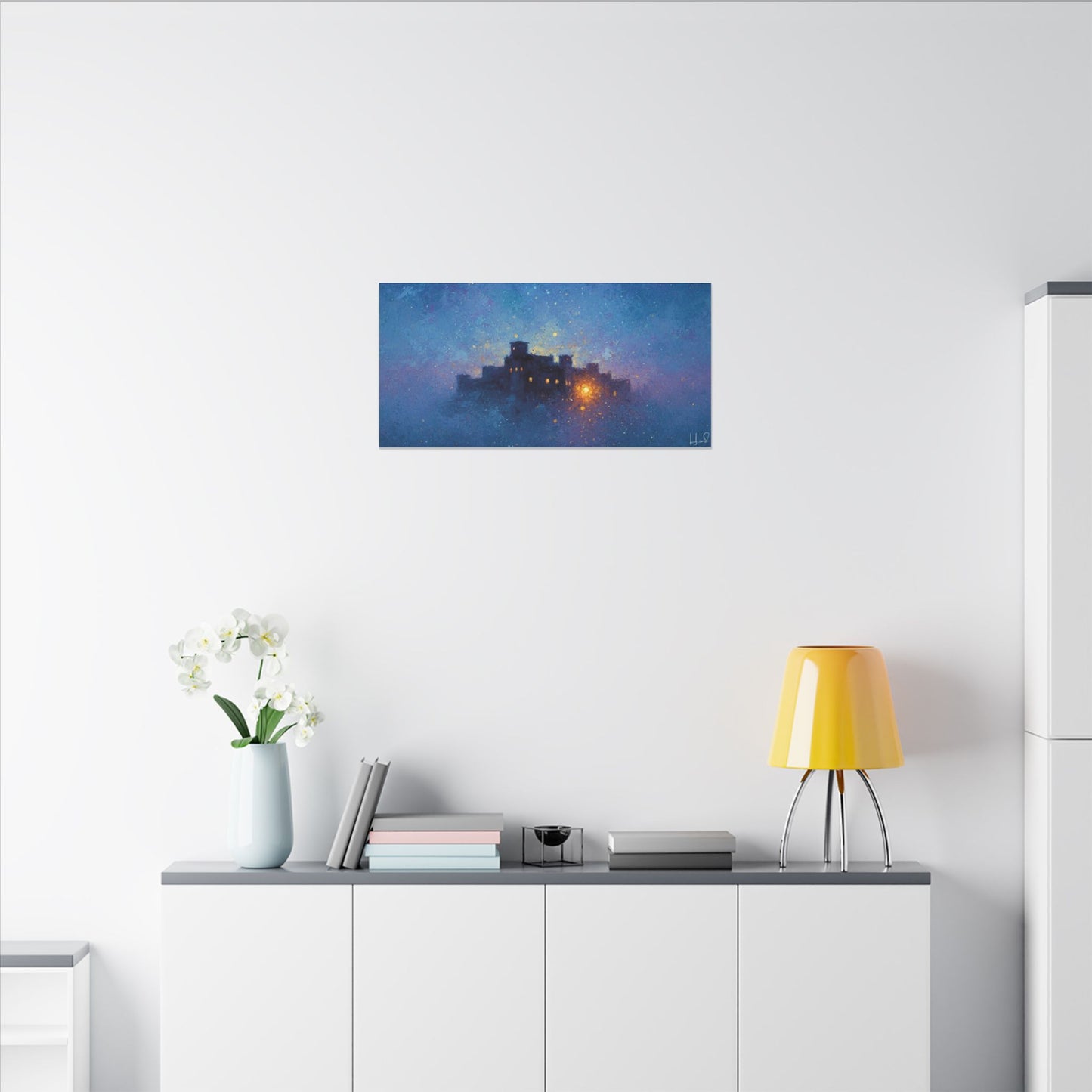 Tableau sur toile mate « Forteresse de la Nuit Étoilée » — Paysage mystique de château bleu