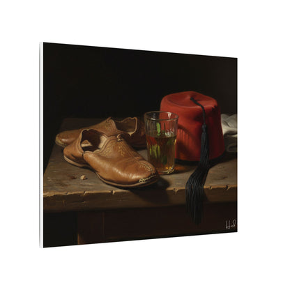 Still Life Canvas Print — Leather Shoes & Red Fez Wall Art