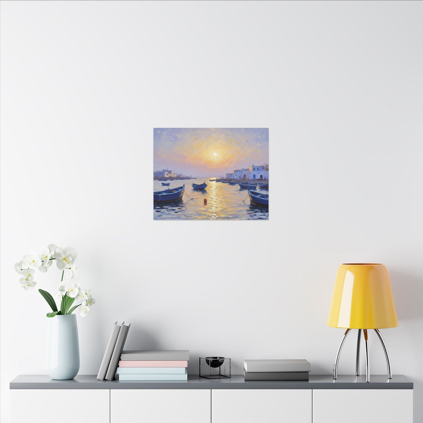 Seaside Sunset Canvas Print — Boats on Tranquil Harbor Wall Art