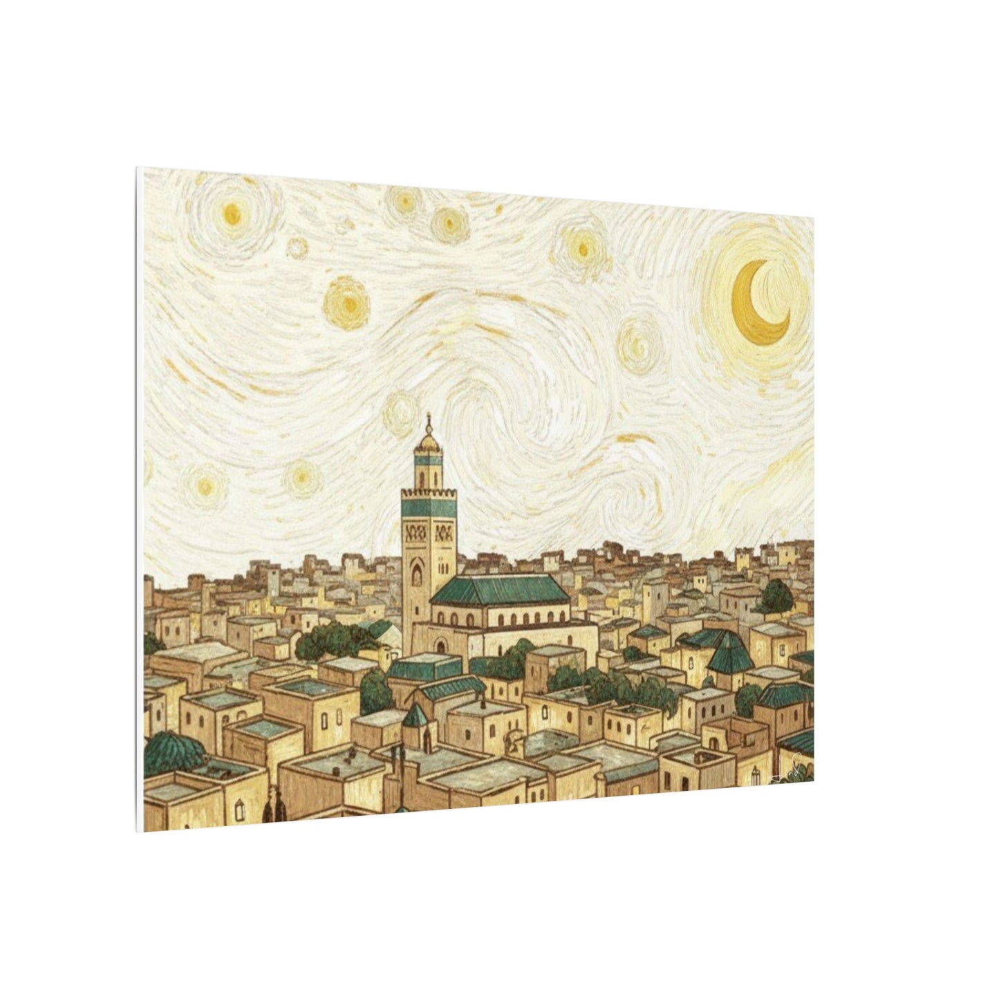 Moroccan Cityscape Canvas Print — Starry Night-Inspired Mosque Wall Art