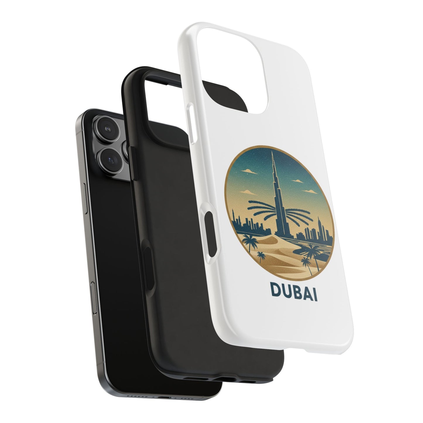 Coque de téléphone résistante motif skyline de Dubaï — Étui de voyage rétro palmiers du désert