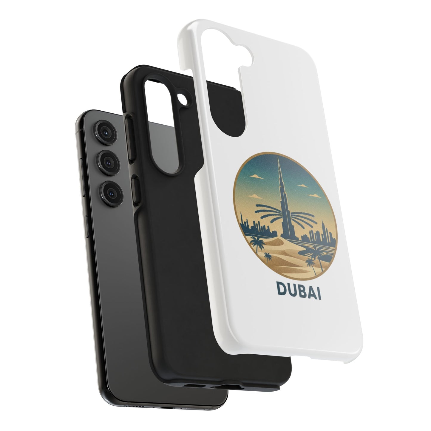 Coque de téléphone résistante motif skyline de Dubaï — Étui de voyage rétro palmiers du désert