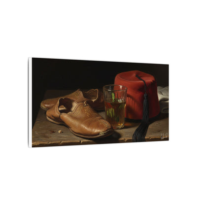 Still Life Canvas Print — Leather Shoes & Red Fez Wall Art