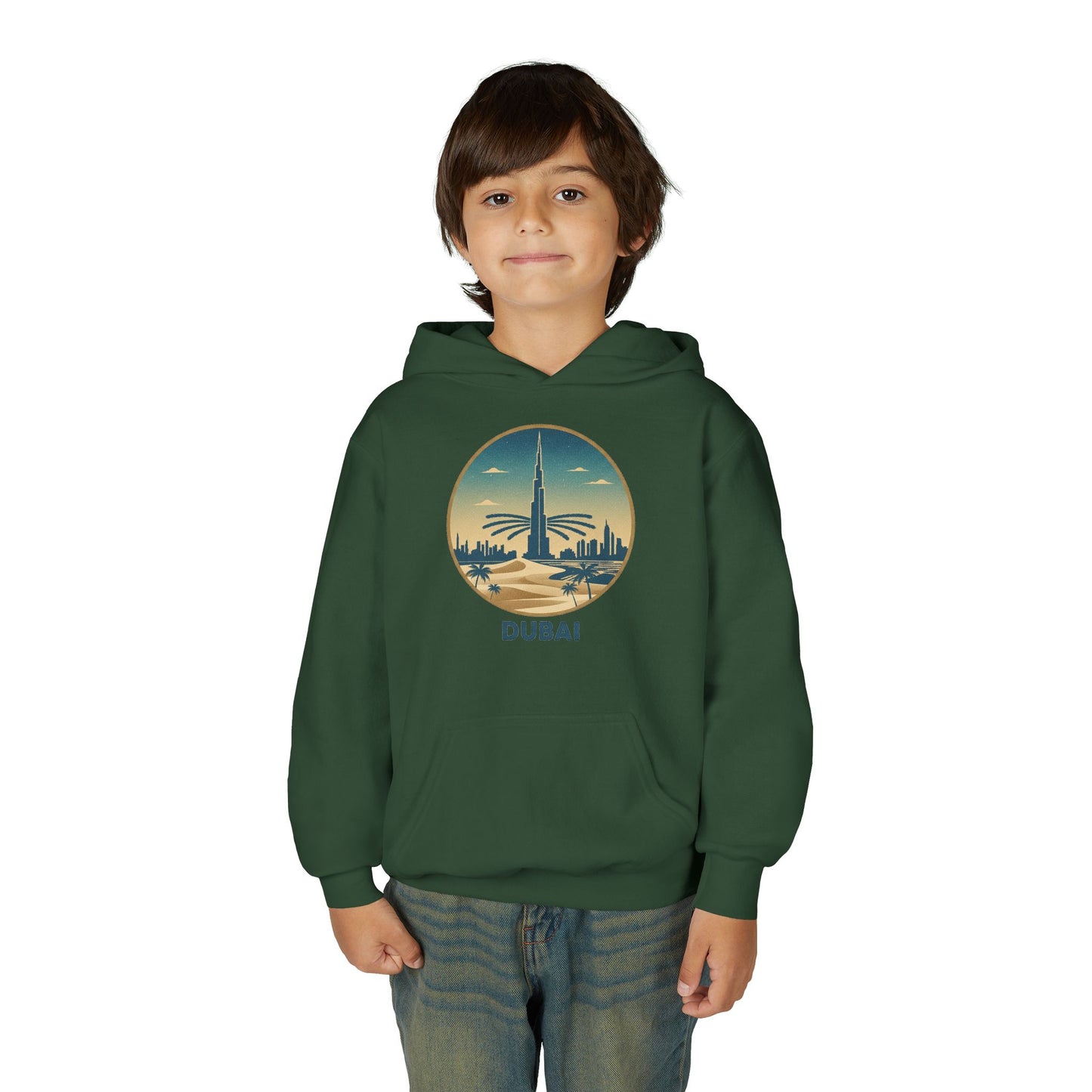Dubai Skyline Youth Hoodie — Retro Desert Sunset Travel Sweatshirt