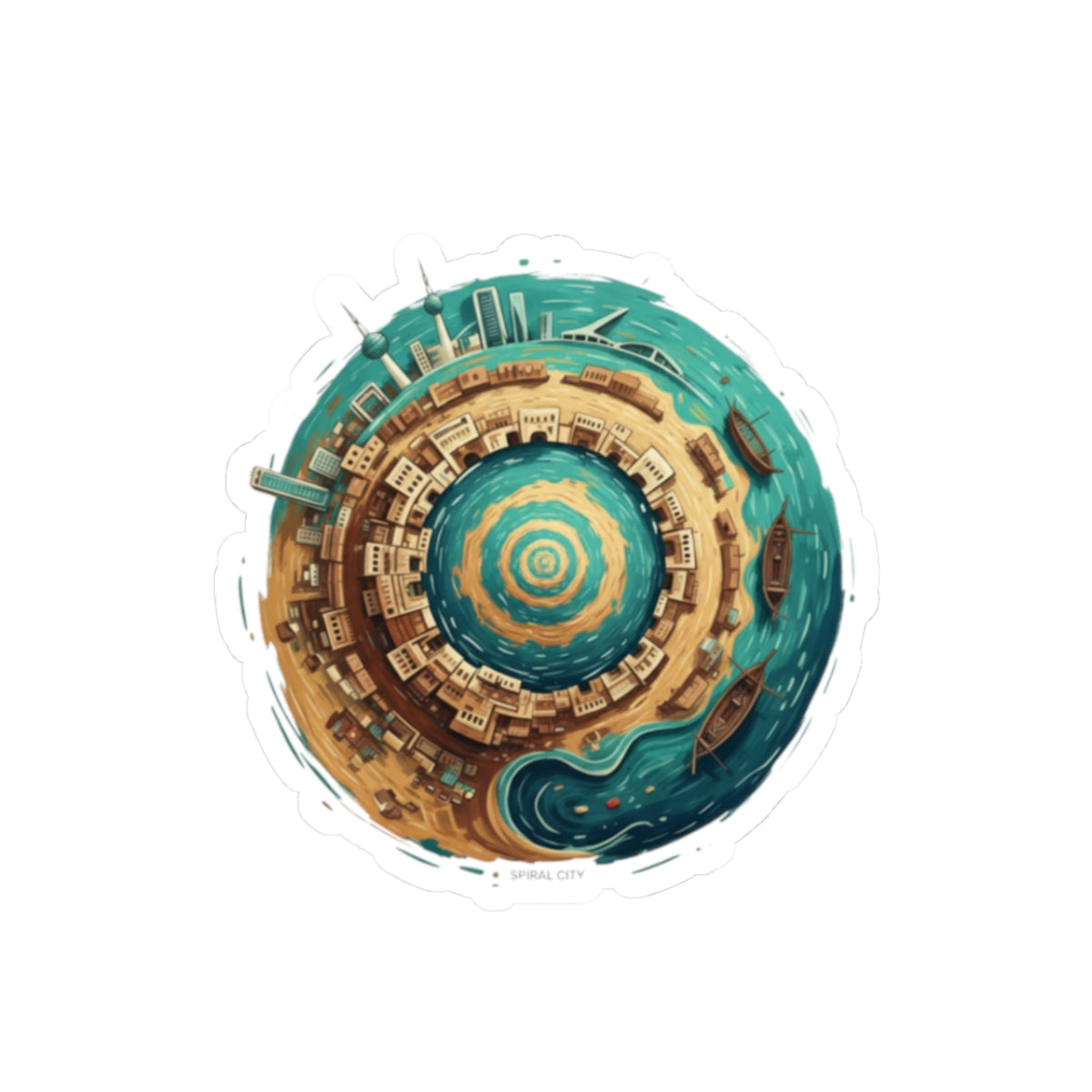 Mini Planet City Sticker — Circular Coastal Cityscape Kiss-Cut Vinyl