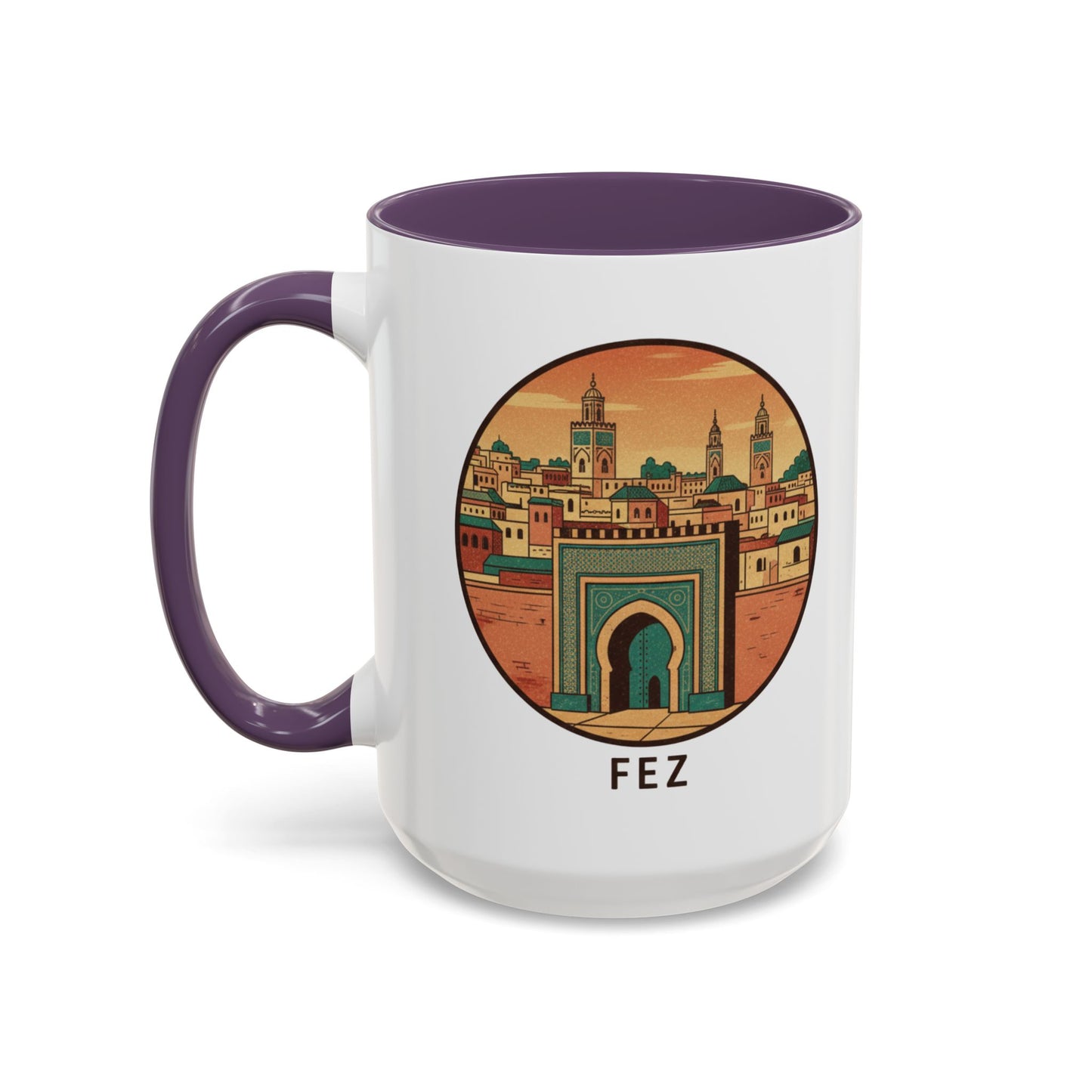 Mug à café Fez Landmark Accent — Souvenir de voyage représentant un paysage urbain marocain (11/15 oz)