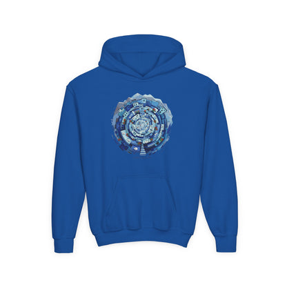 Youth Hoodie — Blue Geometric Mandala Graphic