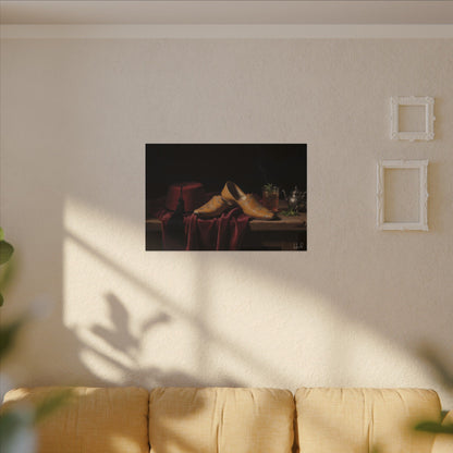 Nature morte sur toile — Chaussures en cuir et fez, décoration murale