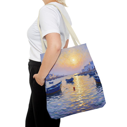 Sunset Harbor Tote Bag - Seaside Boats Art Print