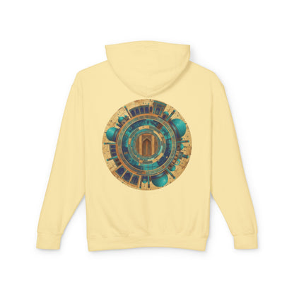 Hoodie — Vintage Teal & Gold Circular Architectural Graphic Hooded Sweatshirt