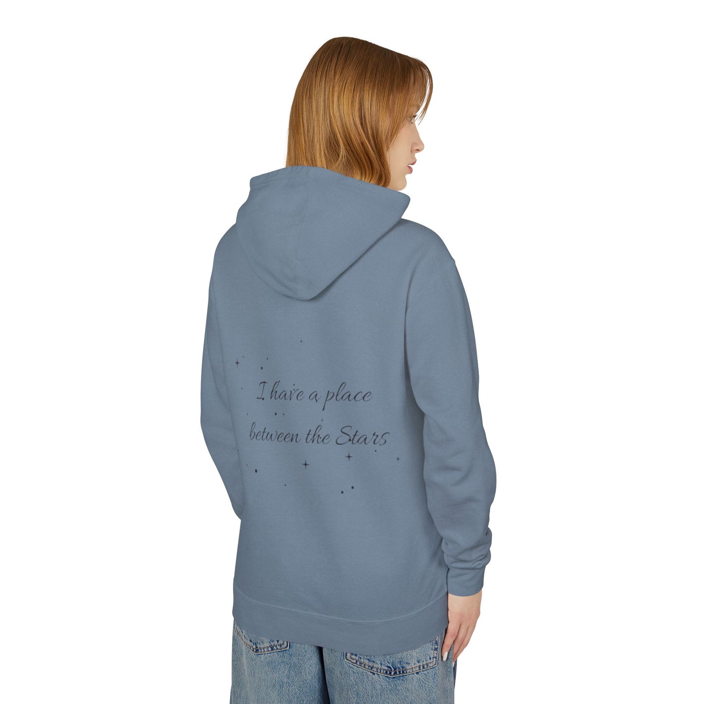 Starry Script Hoodie — "I Have a Place Between the Stars" Lightweight Pullover