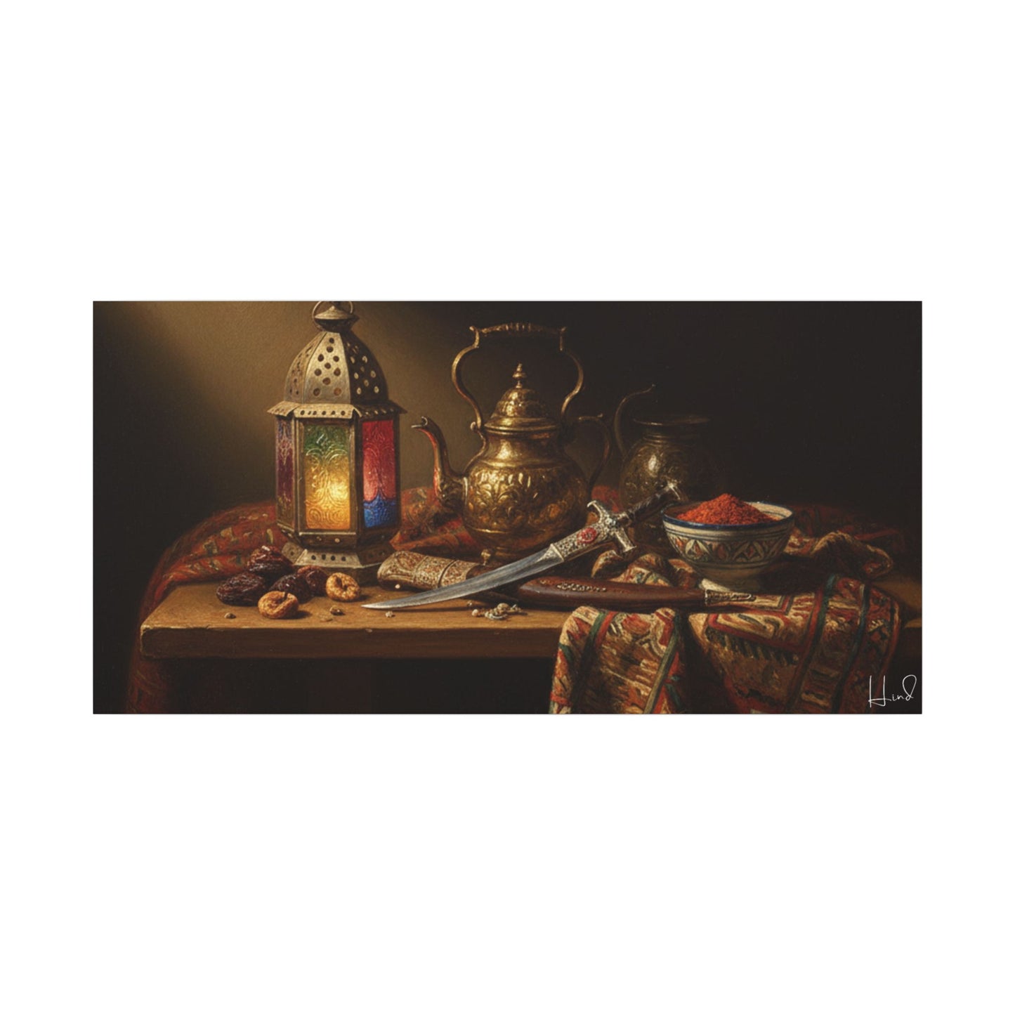 Oriental Still Life Canvas — Vintage Brass Teapot & Lantern Wall Art