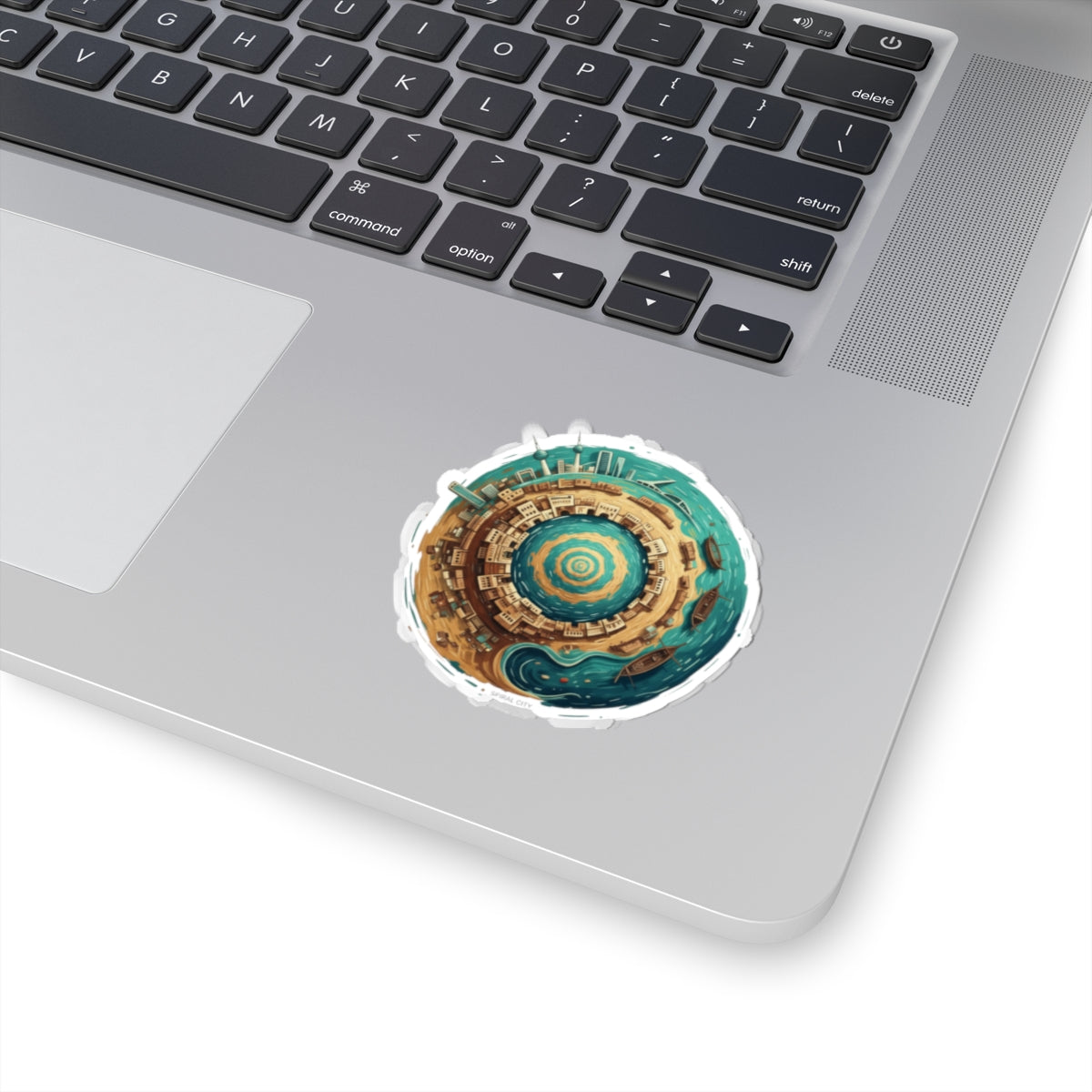 Mini Planet City Sticker — Circular Coastal Cityscape Kiss-Cut Vinyl