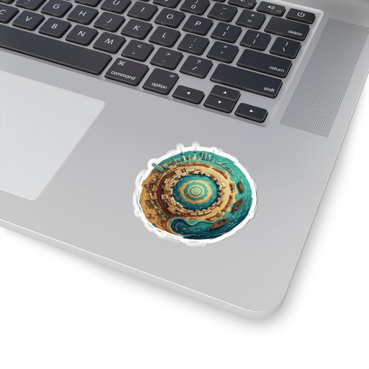 Mini Planet City Sticker — Circular Coastal Cityscape Kiss-Cut Vinyl