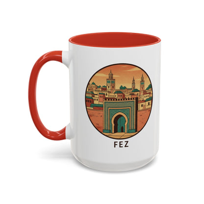 Mug à café Fez Landmark Accent — Souvenir de voyage représentant un paysage urbain marocain (11/15 oz)