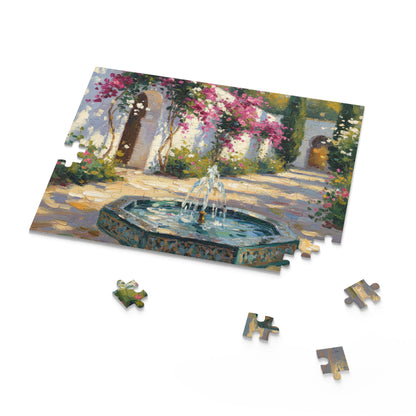Mediterranean Courtyard Puzzle — Fountain & Bougainvillea 120/252/500-Piece Jigsaw
