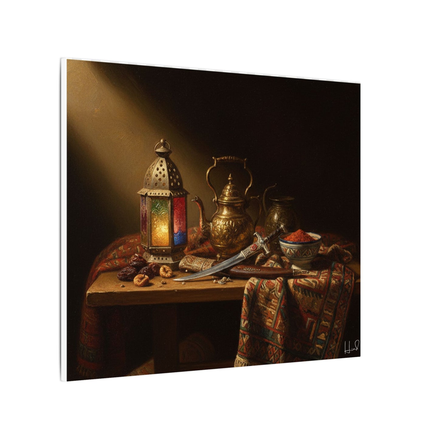Oriental Still Life Canvas — Vintage Brass Teapot & Lantern Wall Art