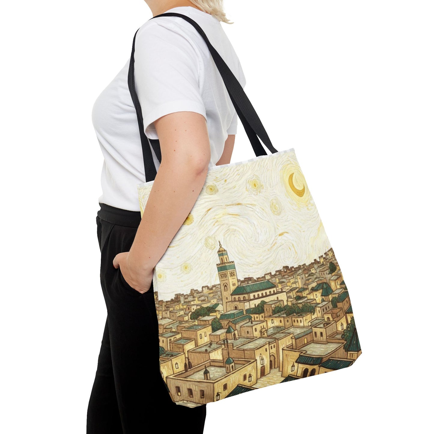 Starry Night Cityscape Tote Bag — Vintage Moroccan Skyline All-Over Print