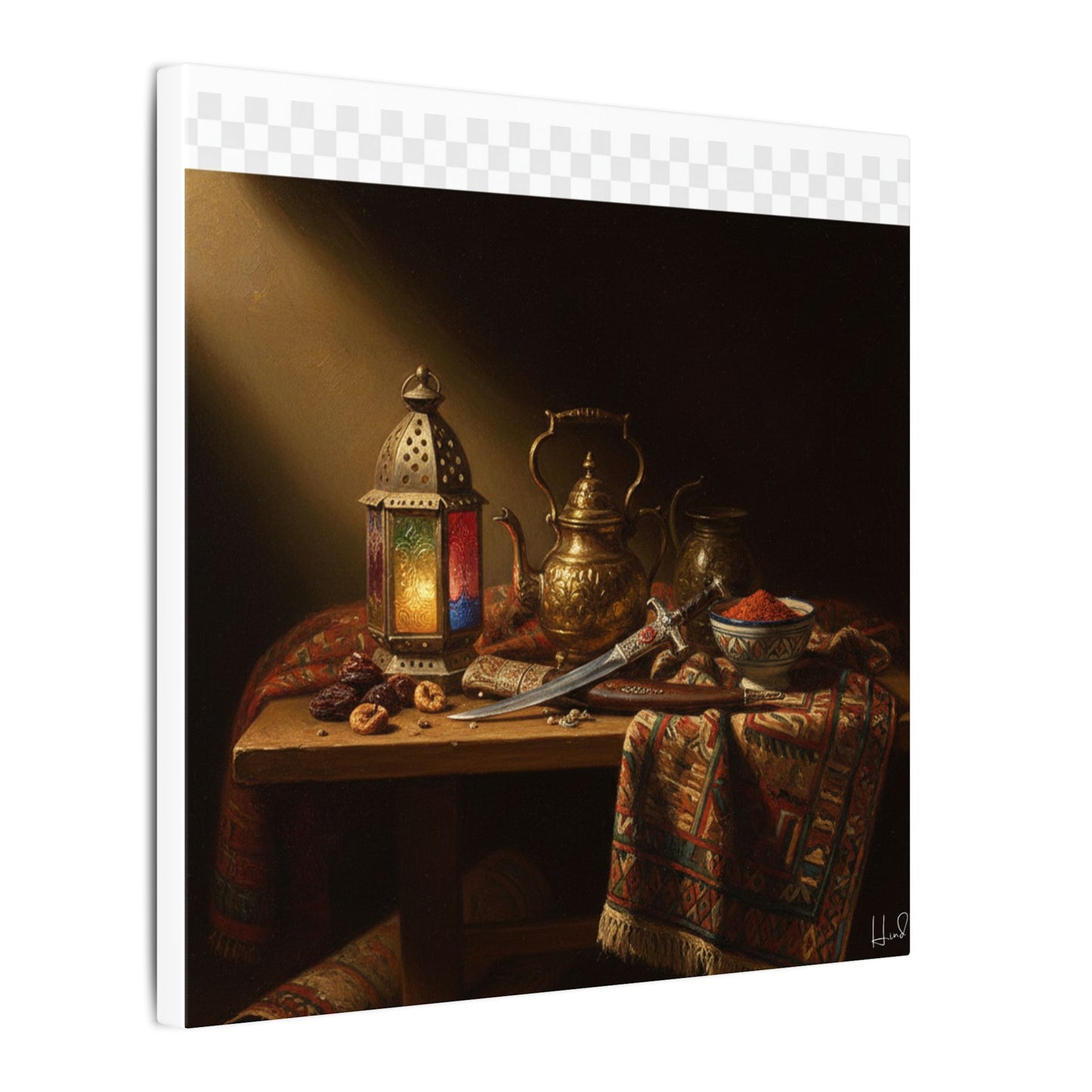 Oriental Still Life Canvas — Vintage Brass Teapot & Lantern Wall Art