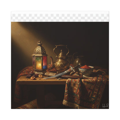 Oriental Still Life Canvas — Vintage Brass Teapot & Lantern Wall Art