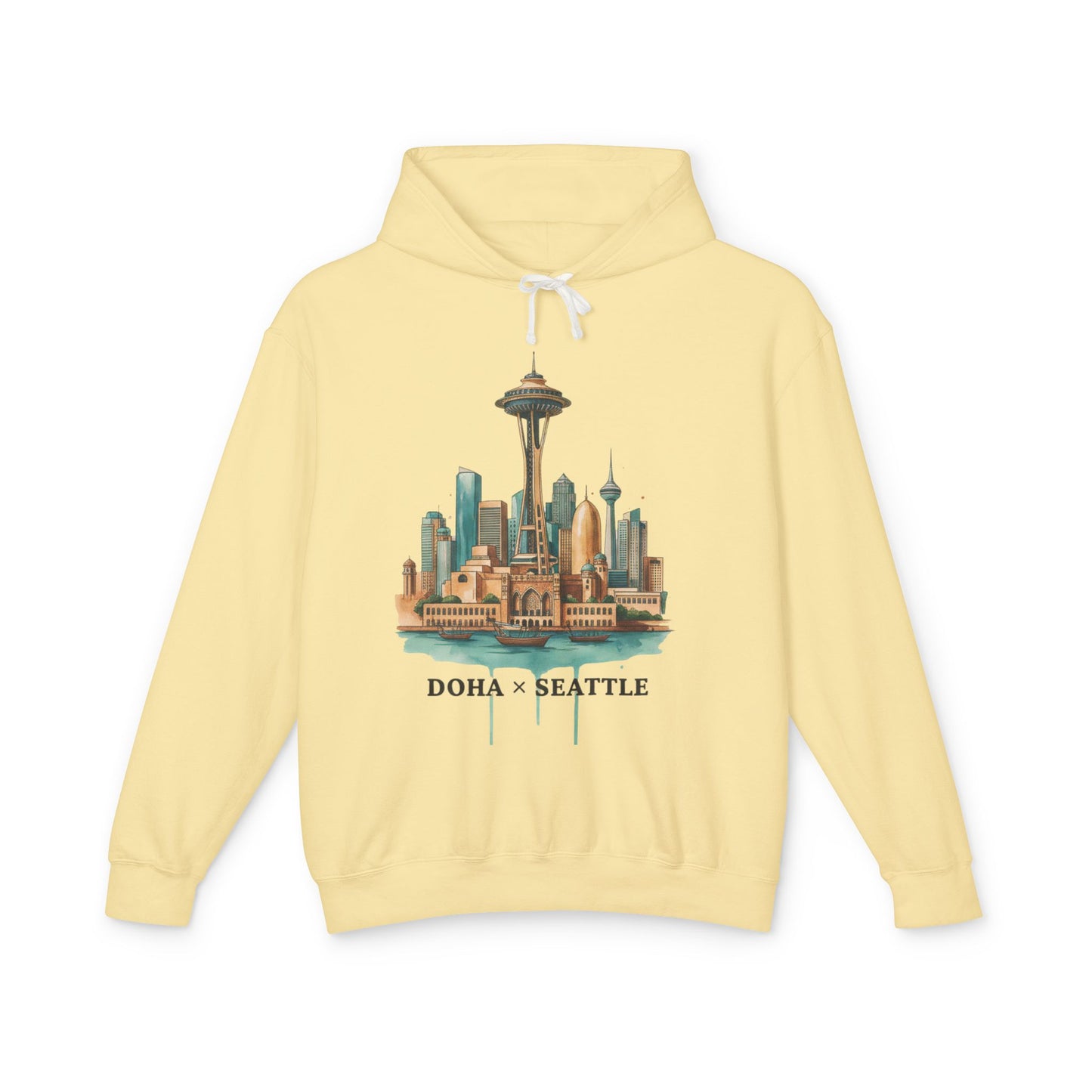 Doha x Seattle Skyline Hoodie — Retro Cityscape Pullover
