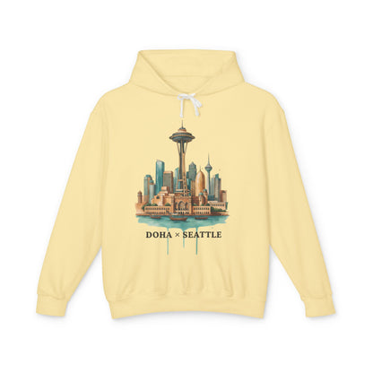Doha x Seattle Skyline Hoodie — Retro Cityscape Pullover