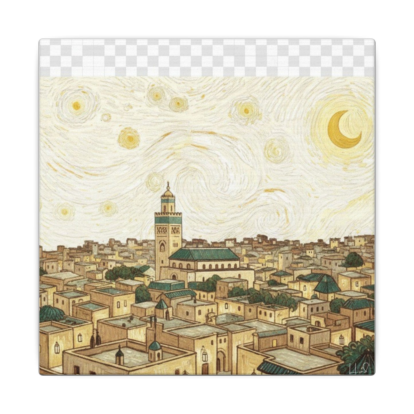 Moroccan Cityscape Canvas Print — Starry Night-Inspired Mosque Wall Art