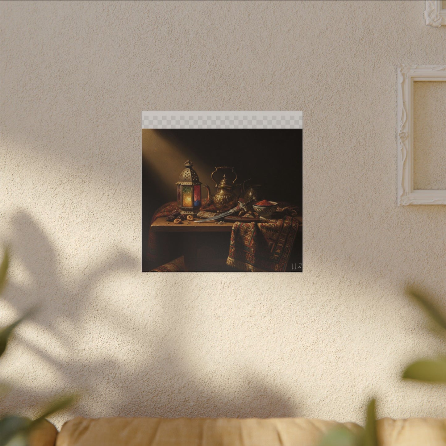 Oriental Still Life Canvas — Vintage Brass Teapot & Lantern Wall Art