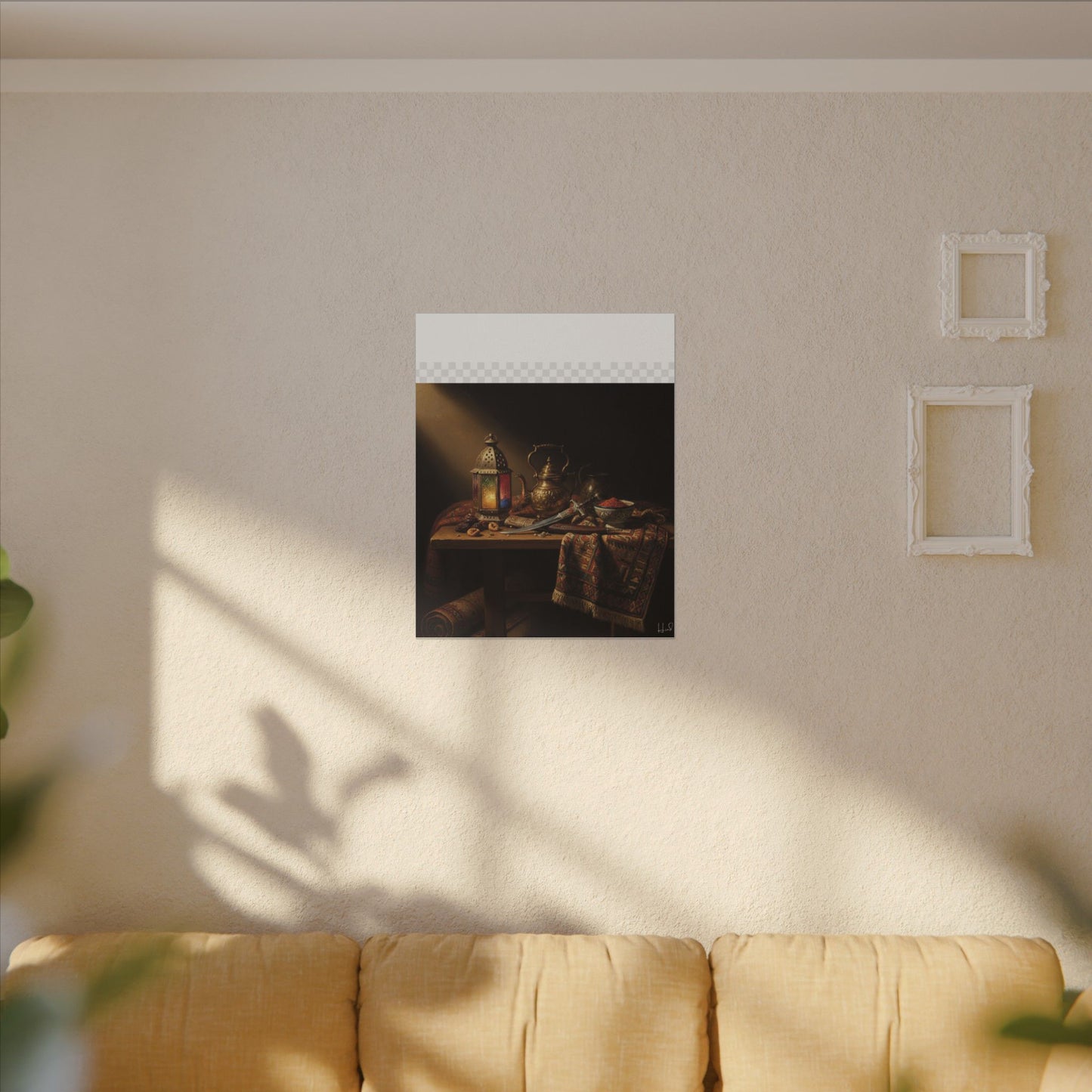 Oriental Still Life Canvas — Vintage Brass Teapot & Lantern Wall Art