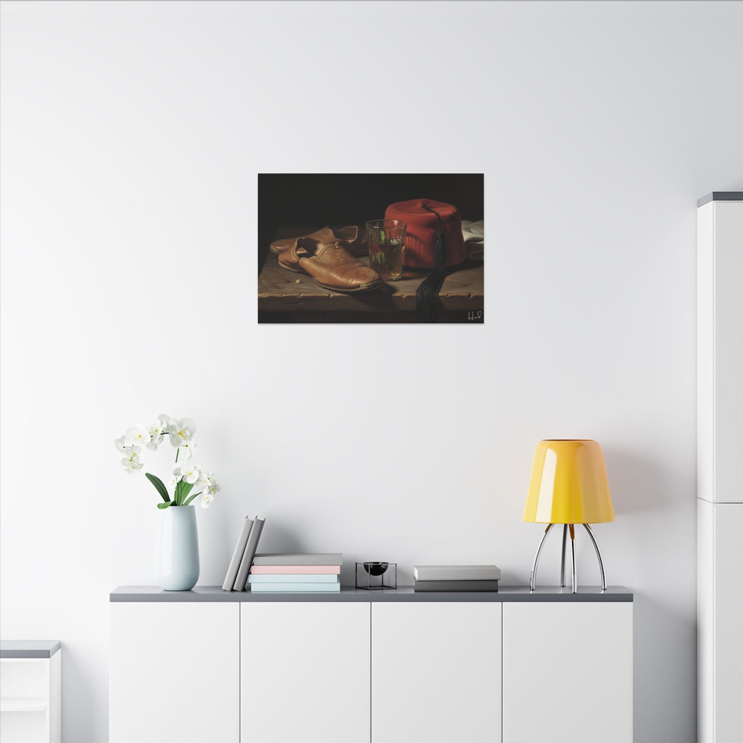 Still Life Canvas Print — Leather Shoes & Red Fez Wall Art