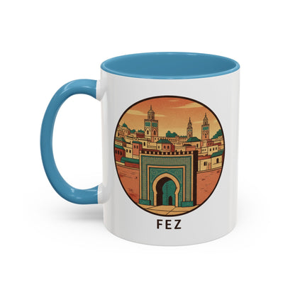 Mug à café Fez Landmark Accent — Souvenir de voyage représentant un paysage urbain marocain (11/15 oz)