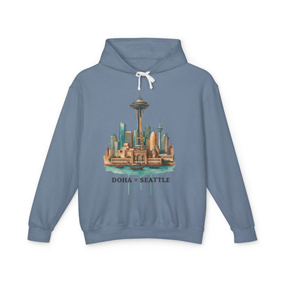 Doha x Seattle Skyline Hoodie — Retro Cityscape Pullover