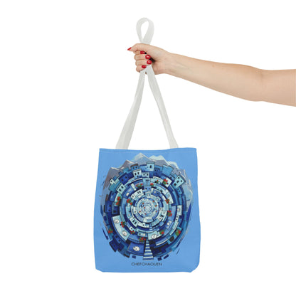 Blue Circular Cityscape Tote Bag — Abstract Urban Spiral All-Over Print Tote