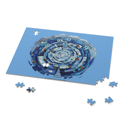 Blue Coastal Village Spiral Puzzle — 120/252/500-Piece Jigsaw