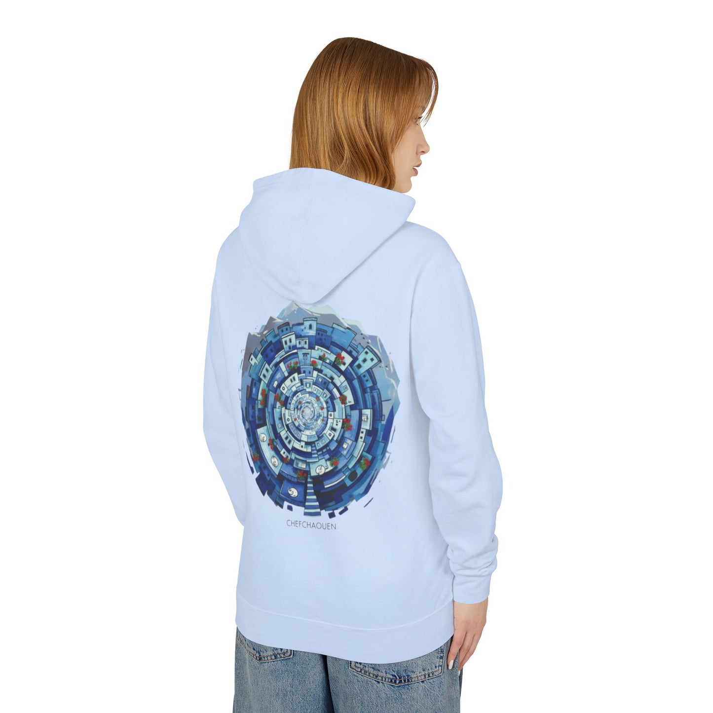 Abstract Blue Mandala Hoodie — Geometric Spiral Art Lightweight Hoodie