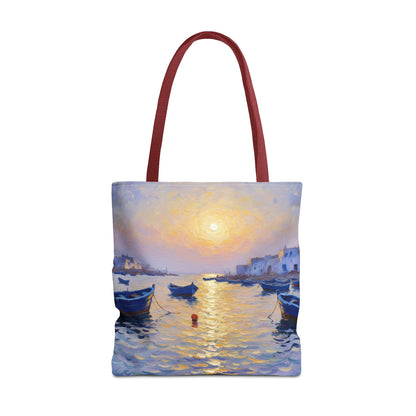 Sunset Harbor Tote Bag - Seaside Boats Art Print